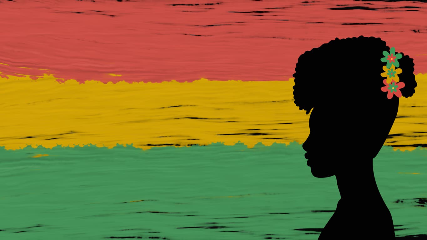 Colourful banner with the outline of a Black woman with flowers in her hair