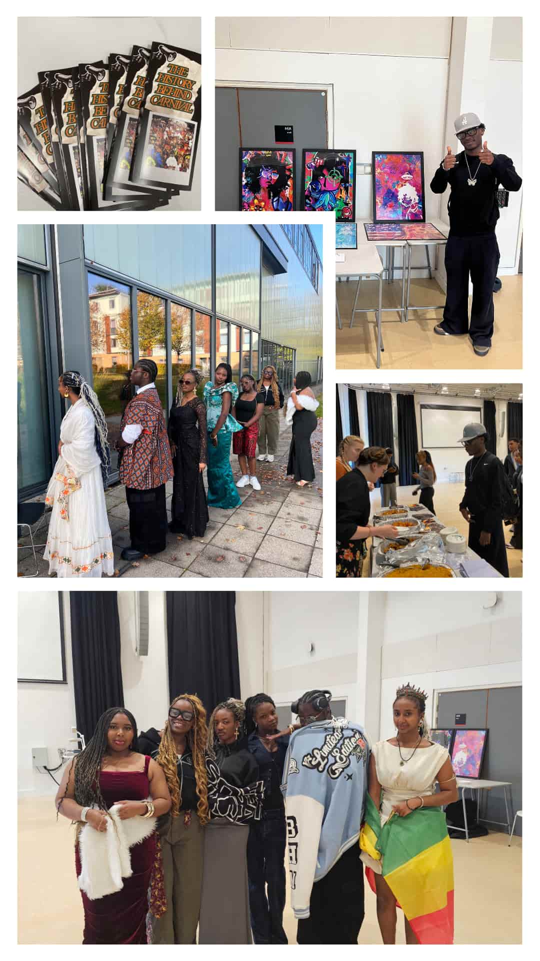 A collage of images from the culture carnival showing the food, the art, and fashion show. 