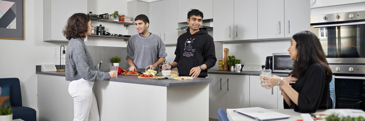 Students chat in a kitchen.
