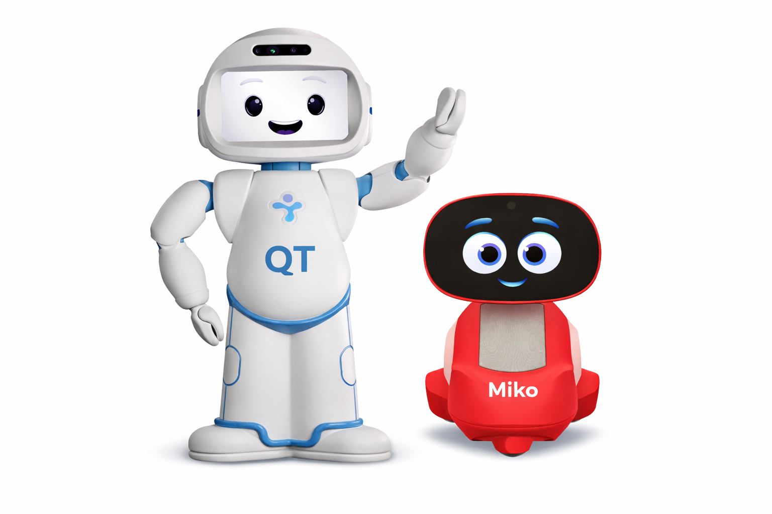a white humanoid robot labelled QT and a smaller red robot labelled Miko