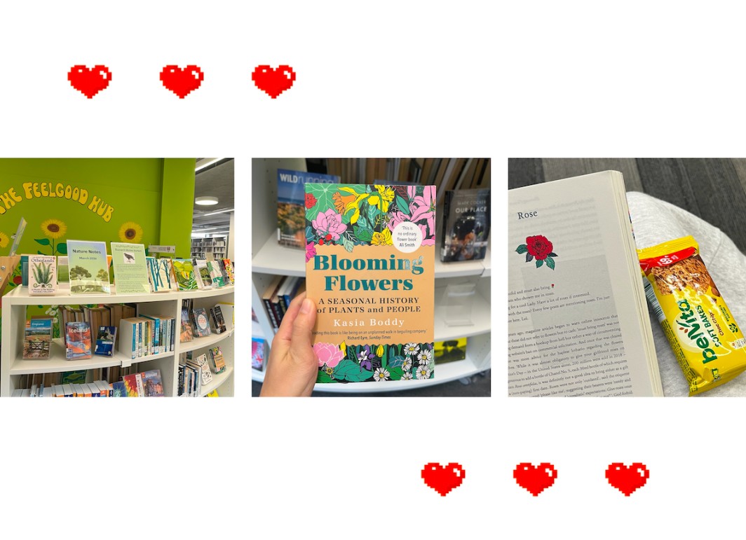 A causal reading book shelves in the library and on its right a person is holding a book about plants and an opened book with a cereal bar.