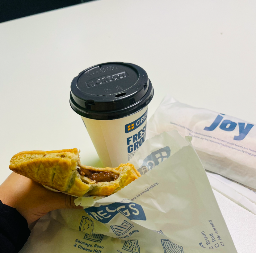 A Greggs breakfast includes a latte, a filling steak bake, and a sausage roll.