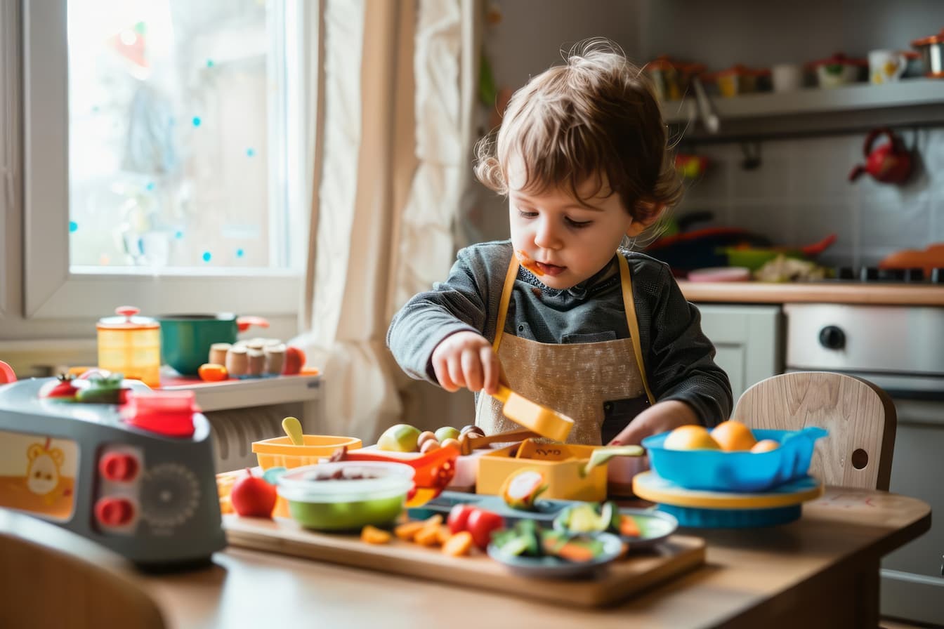 a child wearing an apron plays helps in the kitchen