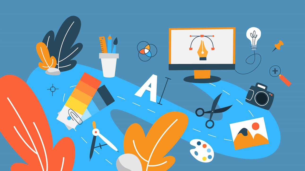 a selection of art related items such as scissors appear as items of a road leading to a computer