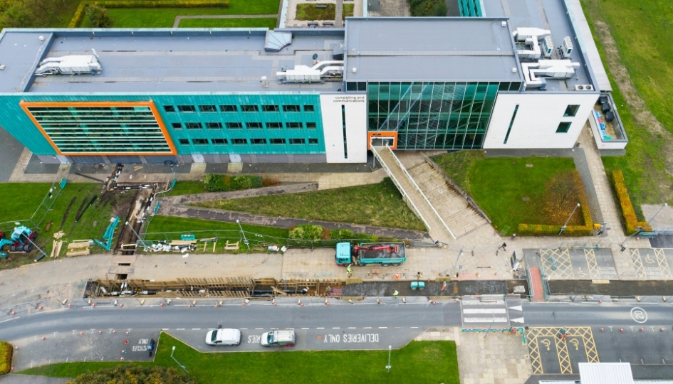 An aerial view of the trenches and pipework installation outside InfoLab21