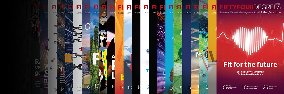 A display of 54 degrees magazine covers