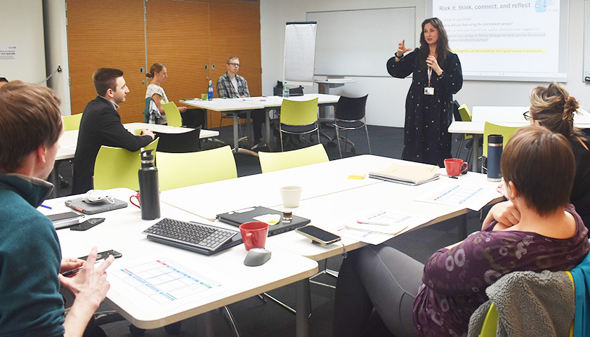Participants on tables using a storyboard canvas