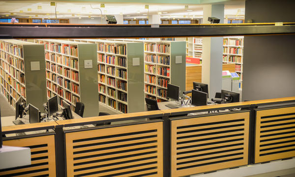 A view of bookshelves in Lancaster University Library