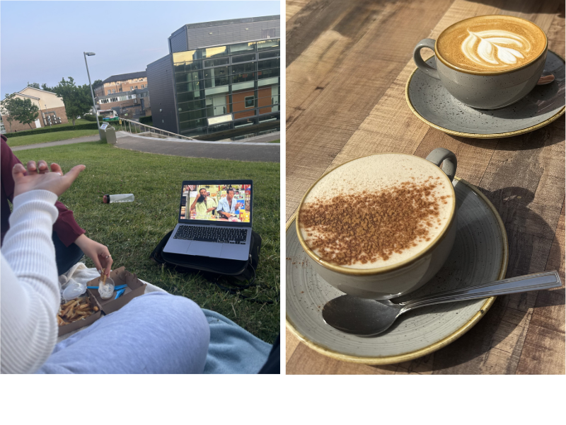 Friends sitting on the grass at Bonington Step watching a series on a laptop in the evening, alongside a cup of coffee and chocolate.