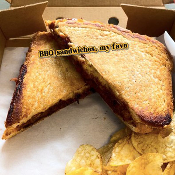 A BBQ pork sandwich in a box with crisps.