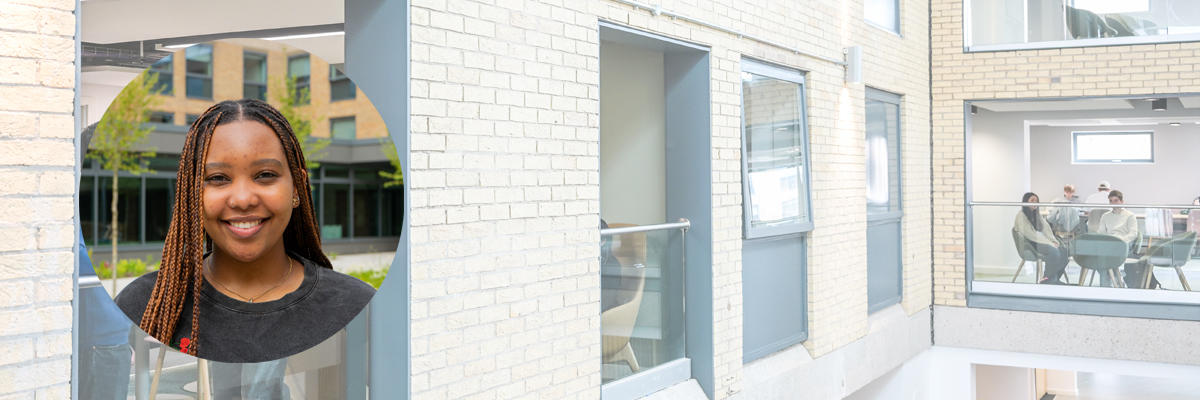 Profile image of current student Chantal, with a background image of the Management School.