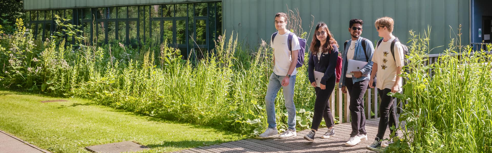 4 students walk across the campus, surrounded by greenery.