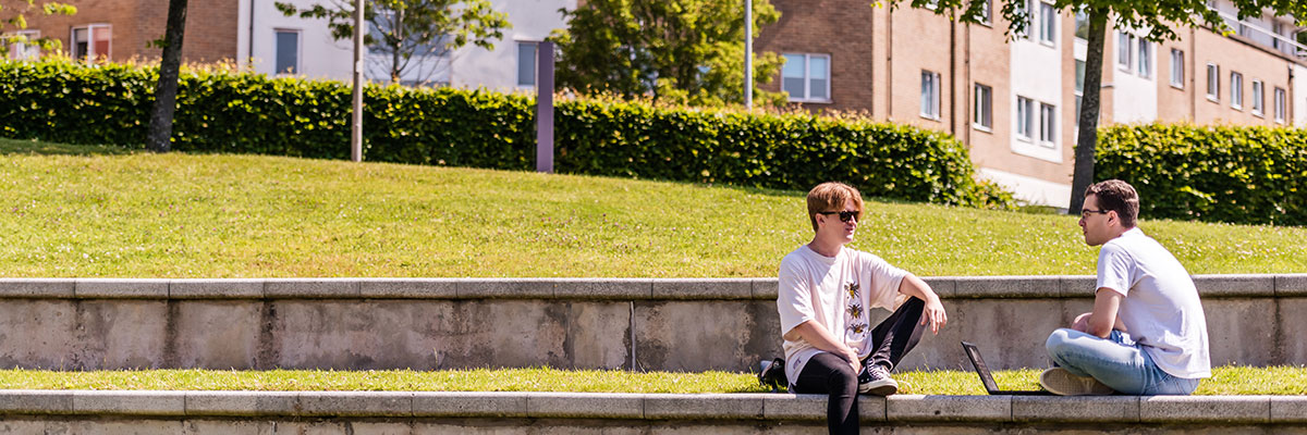 Students chatting on stepped seating, surrounded by lush greens of the parkland.